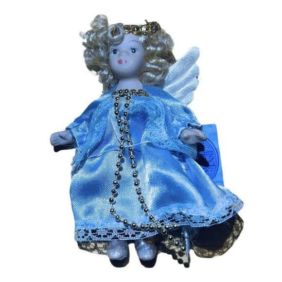Small 5” Porcelain Doll Angel Moveable Arms Legs Lacey Purple Dress Wings NWT - Picture 5 of 8